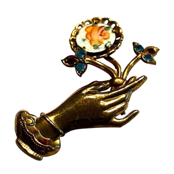 Coro Jewelry - Vintage Coro gold hand & flower brooch blue red rhinestones guilloche enamel